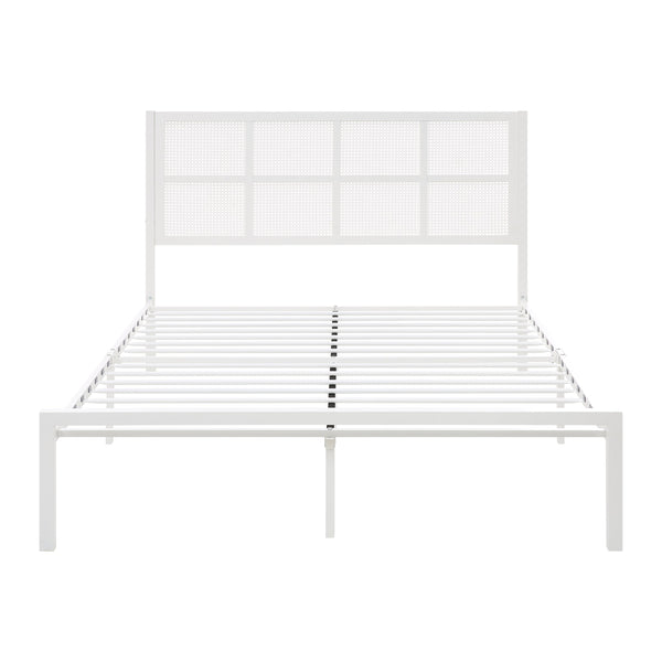 English Elm 1pc Queen Platform Bed Sanibel Metal Frame with Faux Cane Headboard Dark Finish Coastal Chic Design White 66 L x 25 W x 3.75 H B011P214036