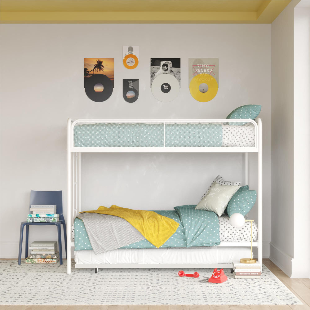 English Elm Isaiah Triple Twin Bunk Bed with Trundle, Metal Frame, Guardrails & Ladder — Space-Saving Sleep Solution B2733P384394