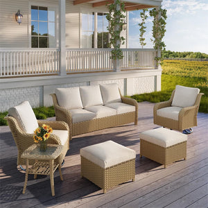 English Elm Jb Seven Piece Outdoor Wicker Seating Set with Swivel Chairs Footstools and Glass Table Beige+Yellow W5382S00014