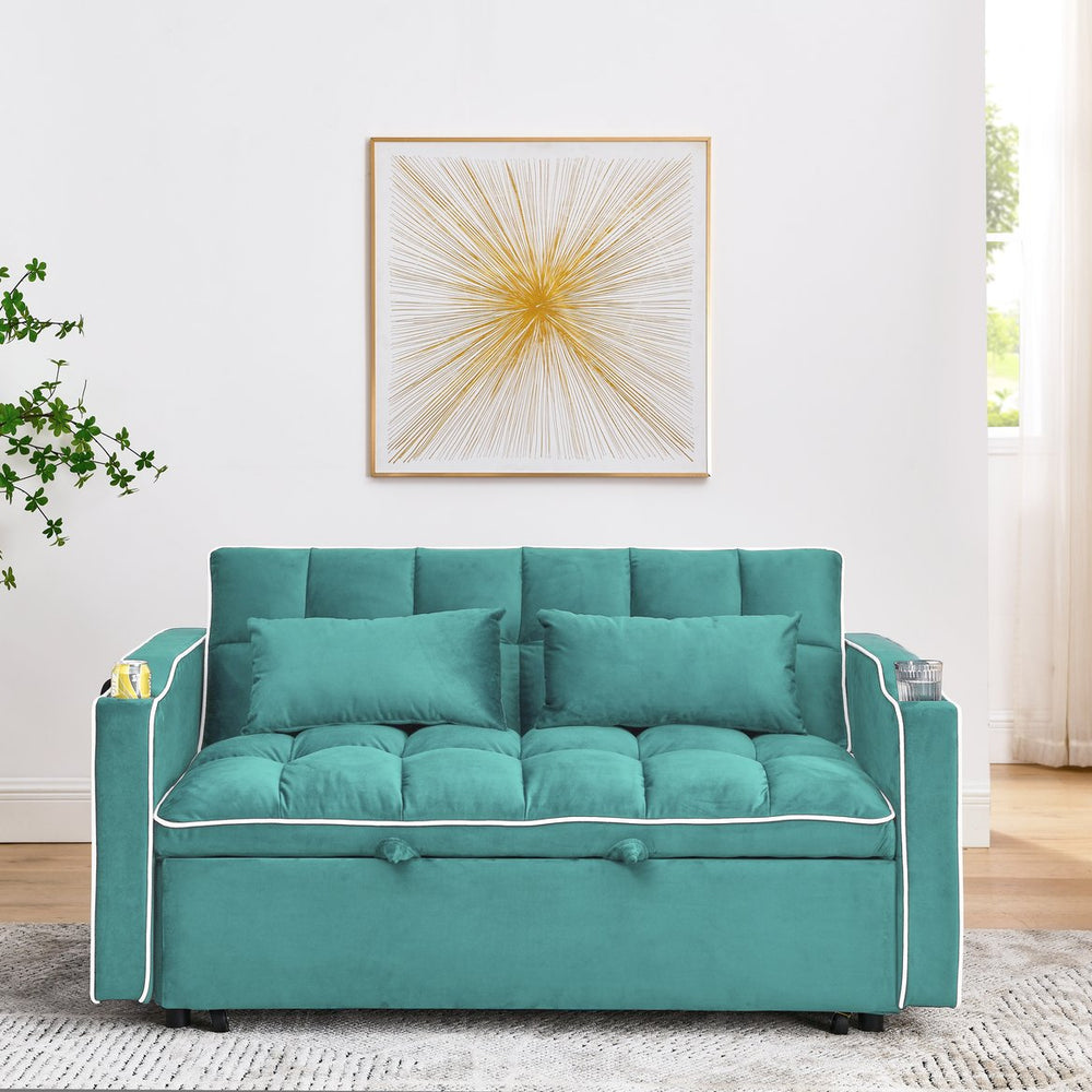 English Elm 55.51 versatile foldable sofa bed 3-lengths velvet loveseat to full bed with USB port, ashtray, swivel stand (Green) W2353P232226