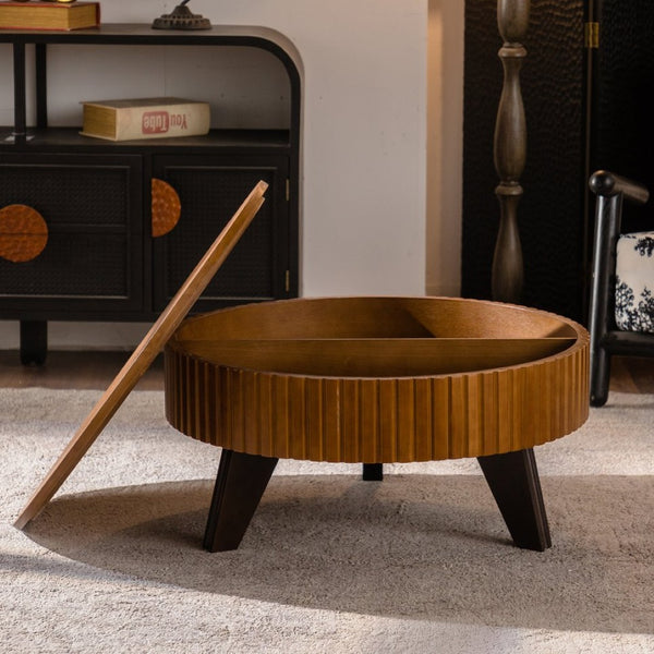 English Elm 31.5" Round Mid-century Coffee Table with Lower Shelf Solid Wood Legs and Mdf Top Natural W757P370290