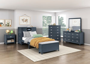 English Elm Gray Twin Platform Bed with Bookcase Headboard Hidden Desk Stool and Footboard Bench Navy Blue B011S02312
