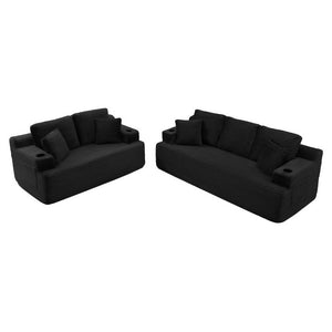 English Elm Boneless Floor Sofa Corduroy Upholstered 5 Seat Low Profile with Cup Holders for Living Room Black W1117S00435