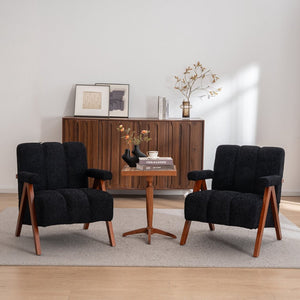 English Elm Mid-century Modern Chenille Lounge Chair Set Oak Frame Cloud Silhouette Living Room Black W1170S00051