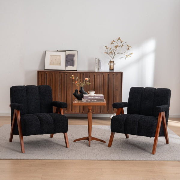 English Elm Mid-century Modern Chenille Lounge Chair Set Oak Frame Cloud Silhouette Living Room Black W1170S00051