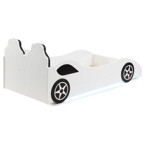 English Elm Solana Race Car Twin Bed with LED Underglow Lights, Padded Headboard, White Wood, Playful Design B062S01109