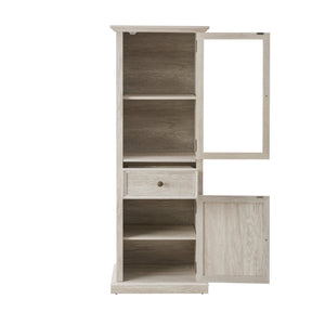 English Elm Modern Glass Storage Cabinet with Drawer & Shelves — Tall Curio Sideboard for Living, Dining, Office Elegance White W1758P294625