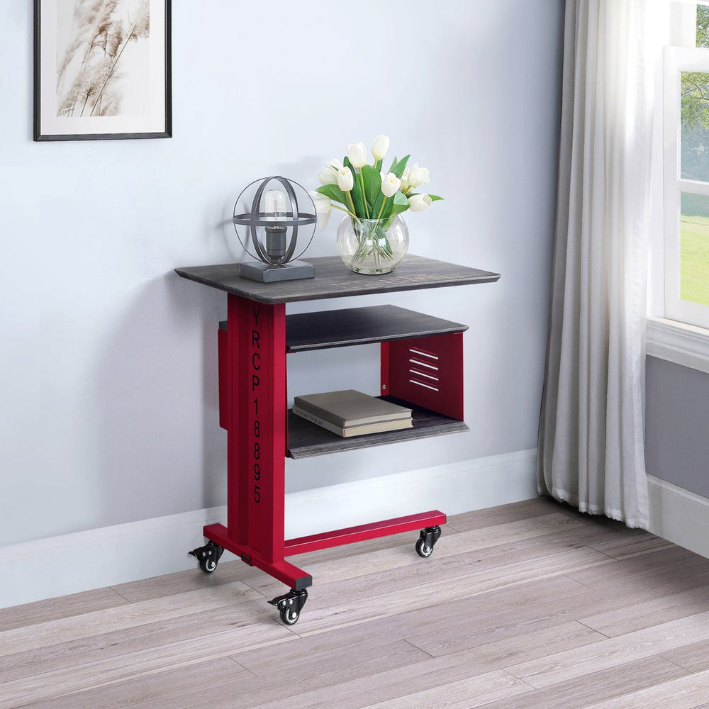 English Elm Red Industrial Accent Table with Wheels & Matching Wall Shelf – Cargo Container Style, Metal Wood Blend B062P186442