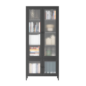 English Elm Large Metal Storage Cabinet with 4 Waffle-Grid Tempered Glass Doors, 5 Shelves, Rust-Resistant Steel Finish W2378P176273