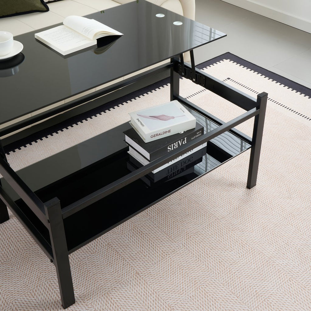 English Elm Glass Lift Top Coffee Table with Tempered Glass Lift-Top & Open Shelf, Modern Black, 220lb Capacity W24157594