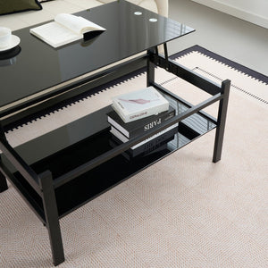 English Elm Glass Lift Top Coffee Table with Tempered Glass Lift-Top & Open Shelf, Modern Black, 220lb Capacity W24157594