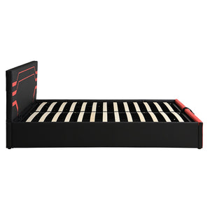 English Elm Modern Cyberpunk Queen Platform Bed Hydraulic Storage Pu Upholstered Gaming Frame Black+Red SF000205AAJ