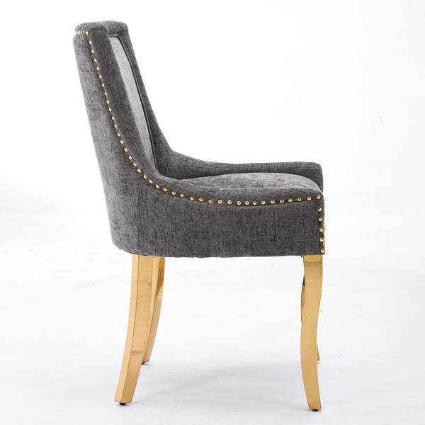 English Elm Chenille Plush Dining Chair with Curved Gold-Plated Legs, Rivet Trim, Textured Upholstery Comfort Gray W1143P332686