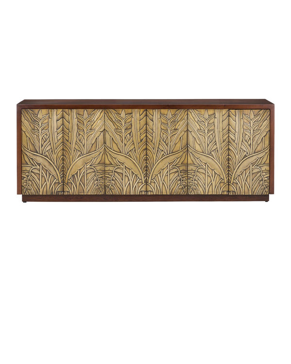 Currey & Company Jardin Credenza: Elegant Walnut Storage With Antique Brass Leaf Motifs For A Timeless Home Accent Brown Teak Wood ,Brass 3000-0324-currey-company