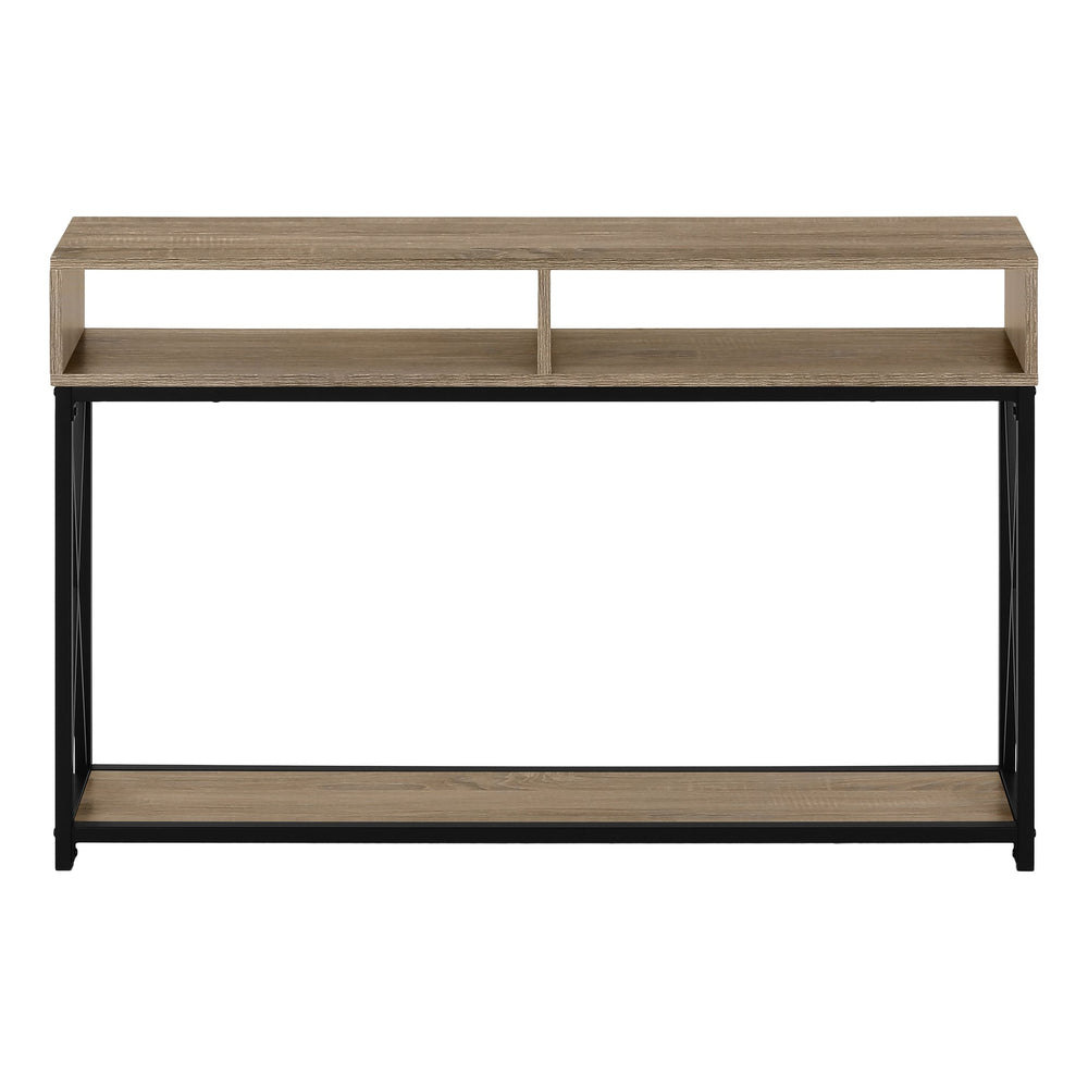 English Elm Accent Taupe Console Table 47"L x 9"D x 31"H – Narrow Entryway Sofa Table with Black Metal X Frame, Two Shelves B2710P221336