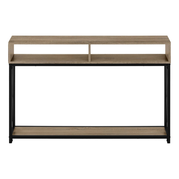 English Elm Accent Taupe Console Table 47"L x 9"D x 31"H – Narrow Entryway Sofa Table with Black Metal X Frame, Two Shelves B2710P221336