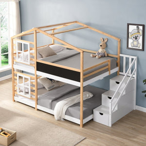 English Elm Twin Over Solid Pine House Bunk Bed with Blackboard Storage Staircase W495S00013