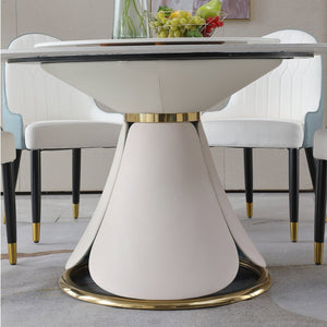 English Elm Round Sintered Stone Dining Set Sculptural Petal Base Six Pu Leather Chairs Modern W509S00184