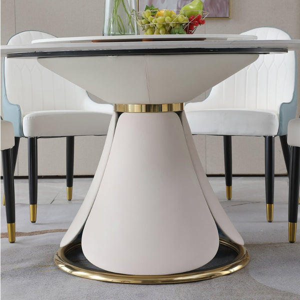 English Elm Round Sintered Stone Dining Set Sculptural Petal Base Six Pu Leather Chairs Modern W509S00184