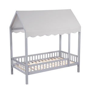 English Elm Gray Finish Canopy Platform Bed Scalloped Fabric Cover Solid Wood Twin Frame Gray B011P463890