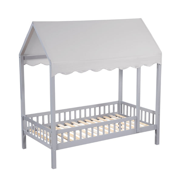 English Elm Gray Finish Canopy Platform Bed Scalloped Fabric Cover Solid Wood Twin Frame Gray B011P463890