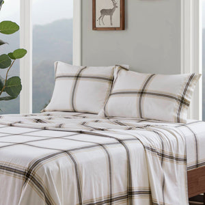 English Elm 4 Pcs Queen Sheet Set - Cozy Tan Plaid Cotton Flannel For Ultimate Comfort & Timeless Style B035P319778