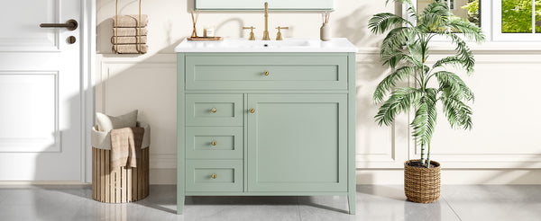 English Elm 36-Inch Green Bathroom Vanity With Sink - Modern Mdf & Rubberwood Freestanding Storage Solution N725P350821F