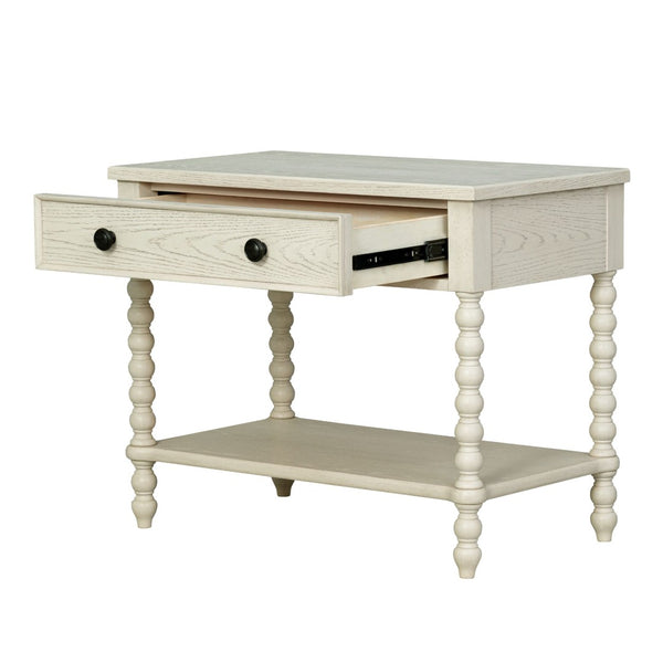English Elm Large Cottage Nightstand with Spindle Legs Open Shelf and Drawer for King Beds Antique Cream B035P408397