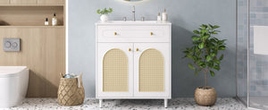 English Elm 30" Rattan Front Bathroom Vanity Solid Pine Cabinet with Ceramic Sink and Adjustable Shelf White N710P293988K