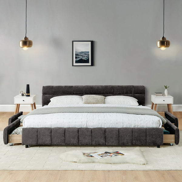 English Elm California King Upholstered Bed Frame - Plush Chenille, Modern Storage Design With Headboard, Dark Gray W487P311315
