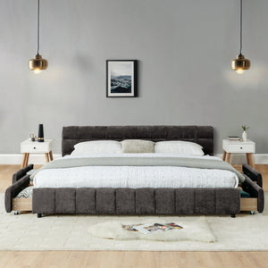 English Elm California King Platform Bed Chenille Upholstered Frame with Storage Drawers Modern Dark Gray W487S00421