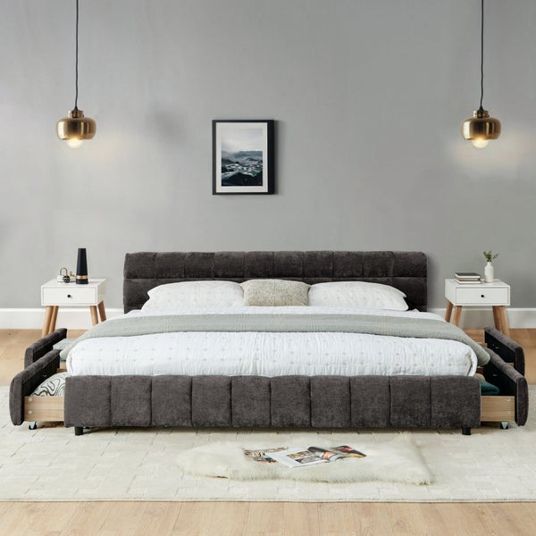 English Elm California King Platform Bed Chenille Upholstered Frame with Storage Drawers Modern Dark Gray W487S00421