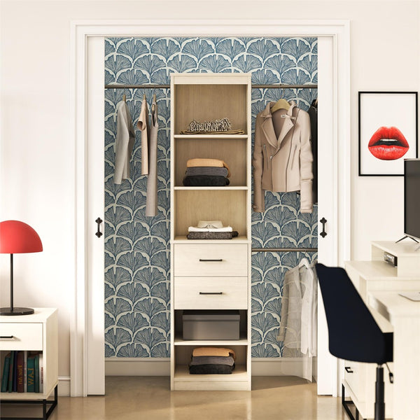 English Elm Kelly Modular Closet Tower with Open Shelves Two Drawers and Adjustable Hanging Rods B2733P436559