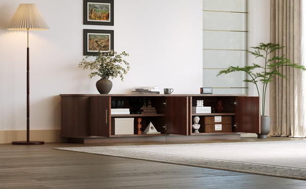 English Elm 70-inch Media Console with Sliding Groove Doors Solid Pine Legs and Cable Management N710P427898P