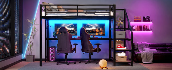 English Elm Full Loft Bed With Integrated Desk, Storage Stairs, Led Lights & Usb Ports For Modern Spaces W1580S00478