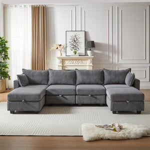 English Elm 113.5'' Modular Sectional Sofa with Storage Ottoman, Convertible U or L Shape Sleeper for 6 Seats Dark Gray W834S00252