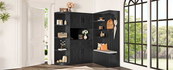 English Elm Multifunctional Hall Cabinet With 4 Hooks - Smart Split Design For Living Room, Kitchen & Hallway Storage W1580S00186-GIGA