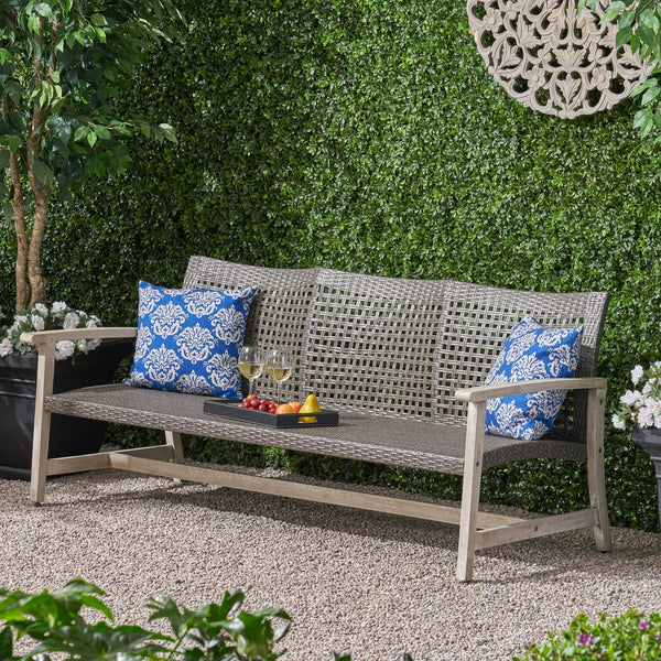 English Elm Christopher Knight Home® - Outdoor Acacia Wood Wicker 3 Seater Sofa with Iron Accents, Weather-Resistant Patio Conversation Set Grey 60395.00WTCLMBLK