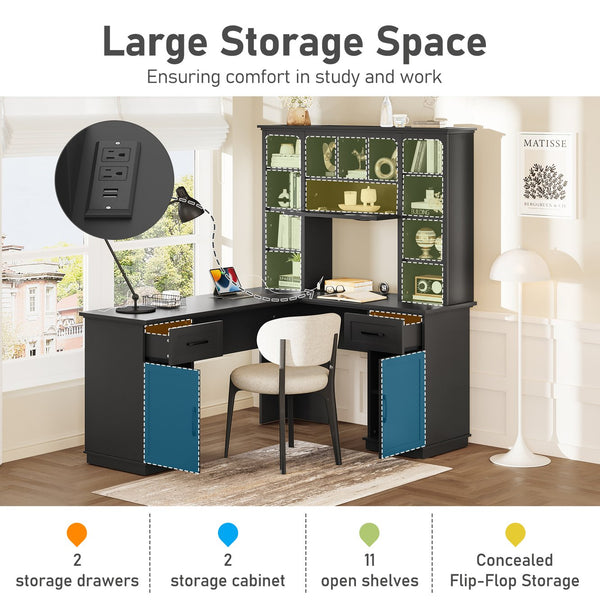 English Elm L-shaped computer desk with ample storage 11 shelves, 3 cabinets, 2 drawers, flip-up shelf for workspaces Black W1580S00189
