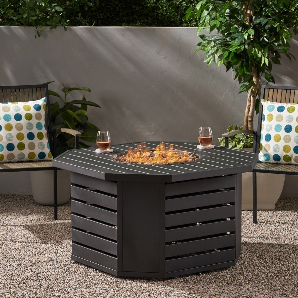 English Elm Octagon Iron Propane Fire Pit with Open Slat Design for Patio Gatherings 66596.00BLK-50K