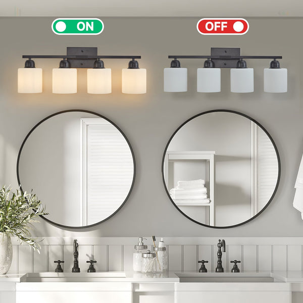English Elm Black 4-Light Modern Vanity Light Fixture With Frosted Glass Shades For Elegant Bathroom Upgrades W2312P374846