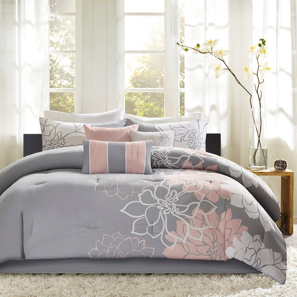 English Elm Printed Cotton Sateen Lola Comforter Set Grey/Peach Twin/Twin XL - Floral Print, OEKO-TEX, 6-Piece Stylish Bedding Ensemble B03597153