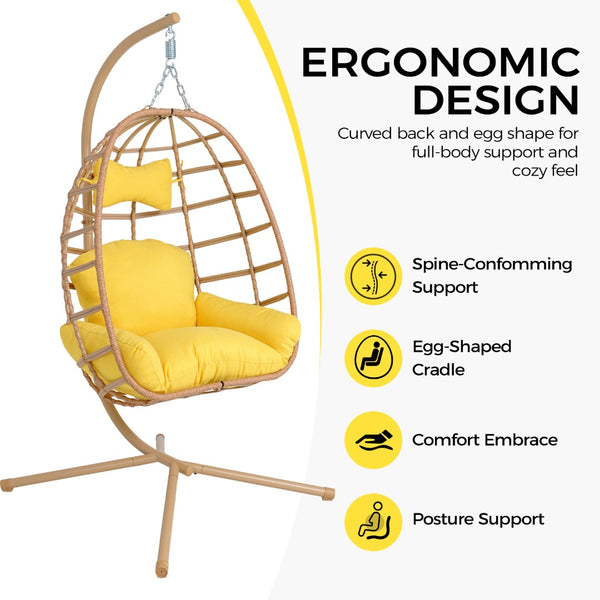 English Elm Egg Hanging Chair with Stand Pe Rattan Swing Seat Washable Cushion Patio Bedroom T5880P497431