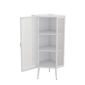 English Elm 22.25'' Floor Corner Cabinet with Tempered Glass Doors, Three-Tier Metal Frame Storage for Home White W757P180793