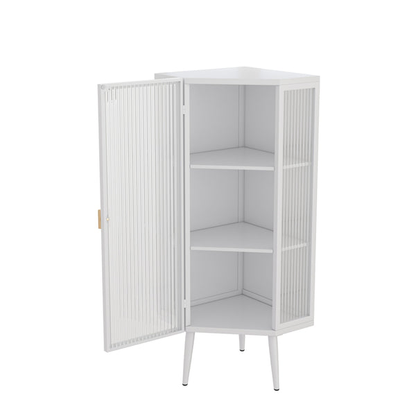 English Elm 22.25'' Floor Corner Cabinet with Tempered Glass Doors, Three-Tier Metal Frame Storage for Home White W757P180793