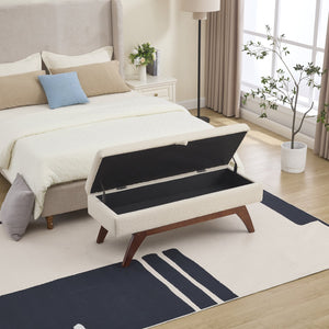 English Elm COOLMORE Teddy fabric storage bench with solid wood feet, hidden compartment for tidy bedroom organization Beige W1539P242728