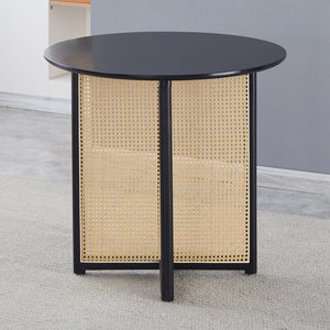 English Elm Black solid wood round table with rattan base, 31.5" diameter, 500 lb capacity, modern versatile dining centerpiece W2720P237621