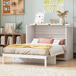 English Elm Full Size Murphy Wall Bed Cabinet with Rattan Panel Detailing and Storage Drawers White N708P336203K