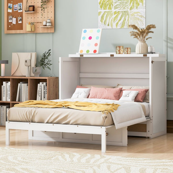 English Elm Full Size Murphy Wall Bed Cabinet with Rattan Panel Detailing and Storage Drawers White N708P336203K
