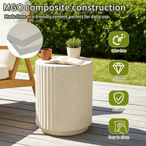 English Elm U_style Mgo Cylinder Accent Table Wave Ribbed Concrete Look Patio or Indoor Plant Stand Beige N711P422078A